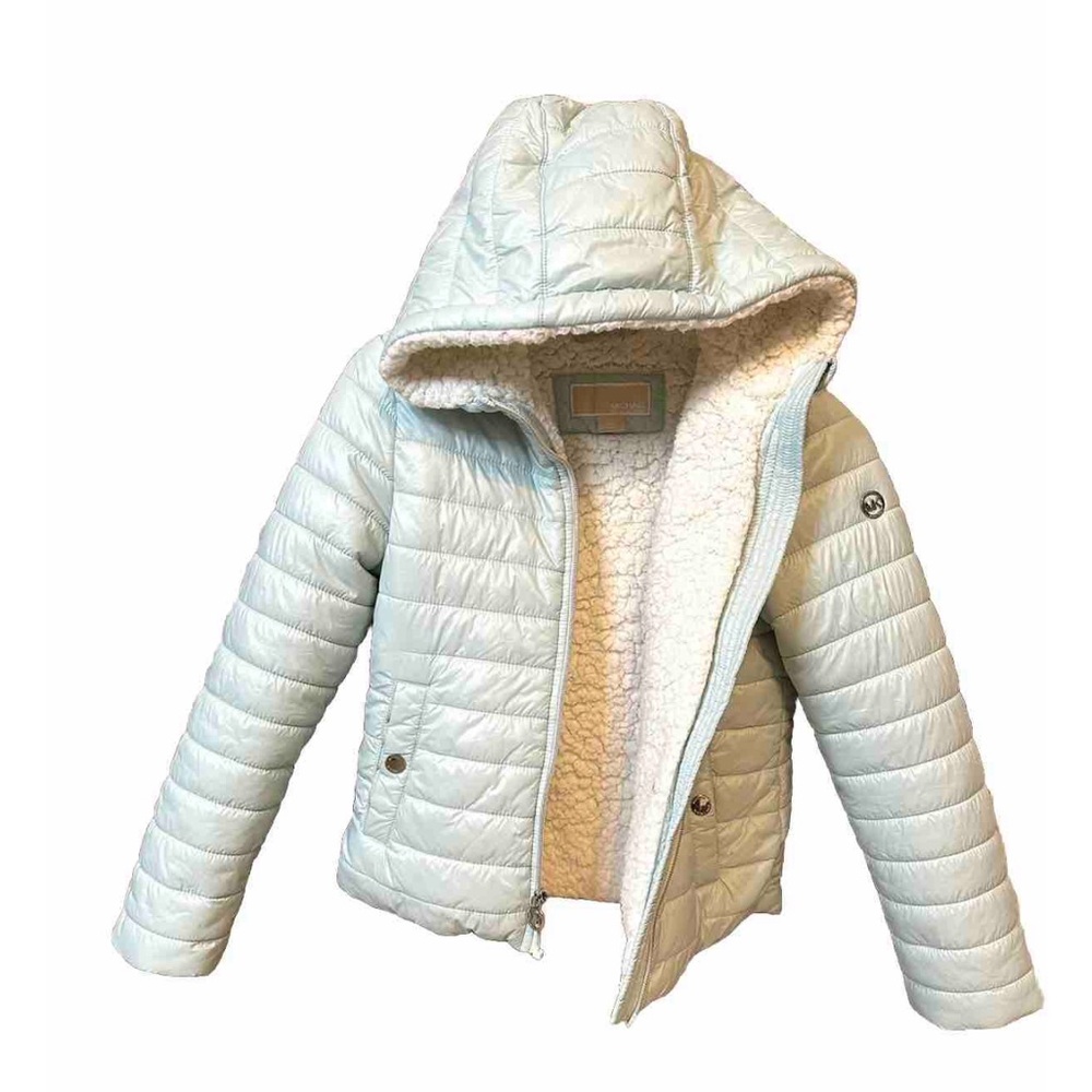 SOLD Michael Kors Girls Puffer Coat Pale Blue With Faux Fur Lining & Hood 10/12 - Picture 1 of 14